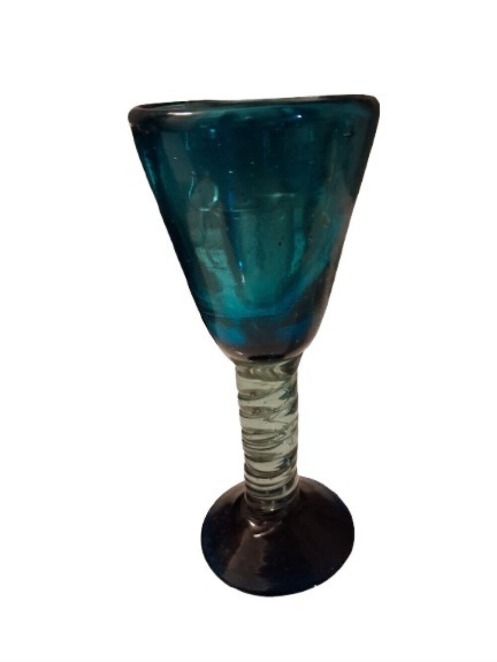 Vtg Hand-blown glass goblet, a turquoise-colored bowl and a clear, twisted